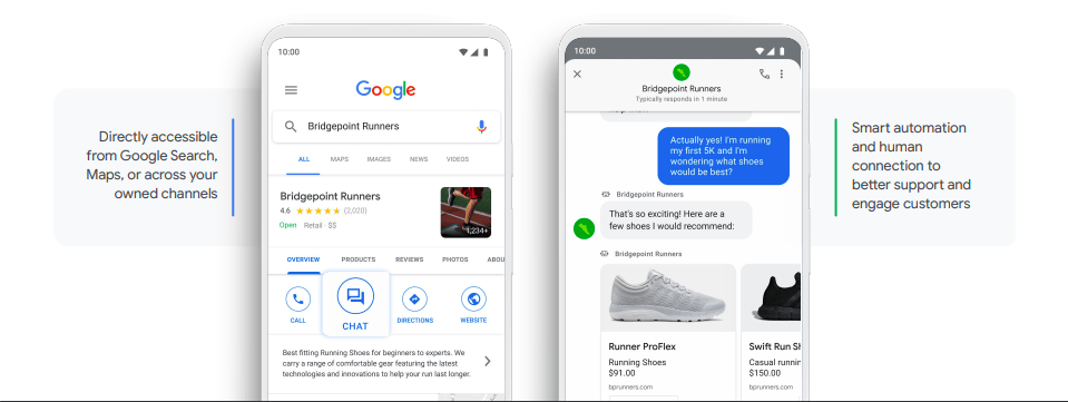 Mobile Screenshot von Google Business Messages am Beispiel von Bridgepoint Runners