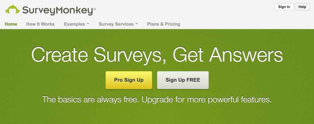La pagina principale di Surveymonkey con l’opzione Sign Up