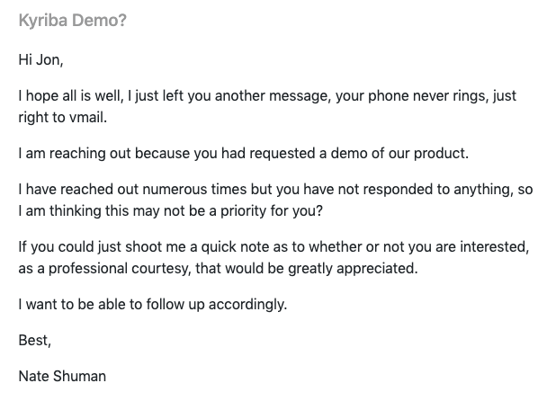 Email example of negative reverse sales.
