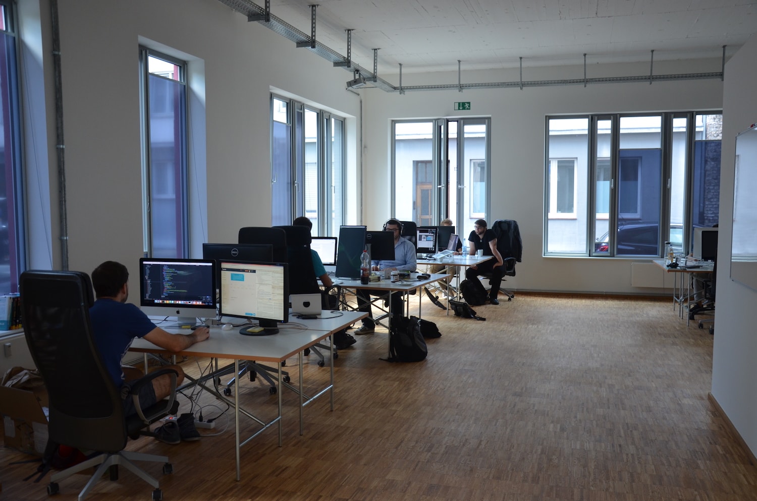 The development team sitting at their desks.