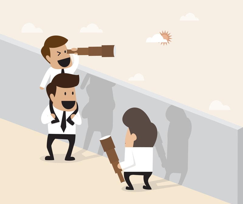 comic picture of workers looking through a telescope