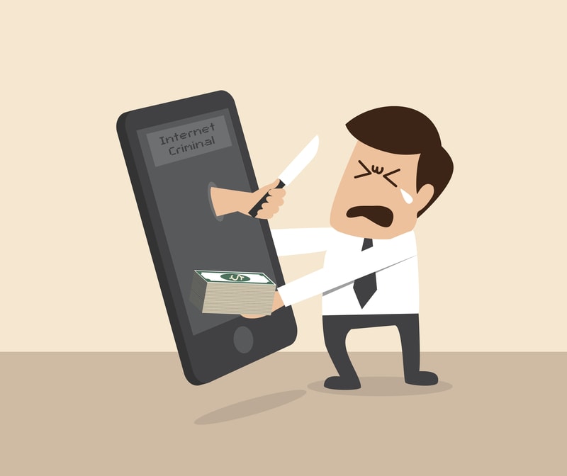 comic picture of worker robbed by internet criminal cybercrime