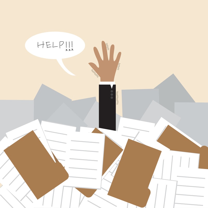 comic picture of worker drowning in files