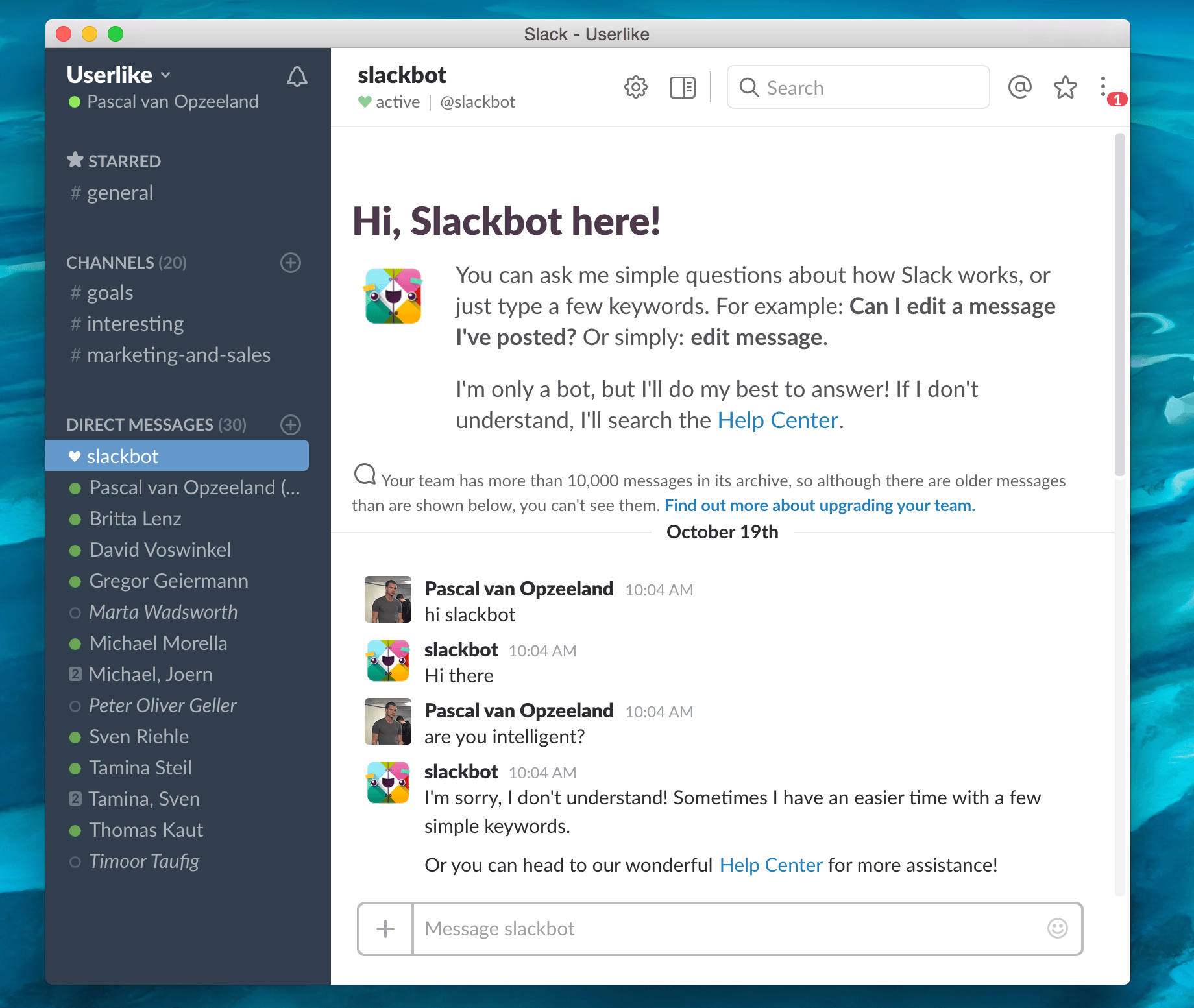screenshot of Slackbot conversation