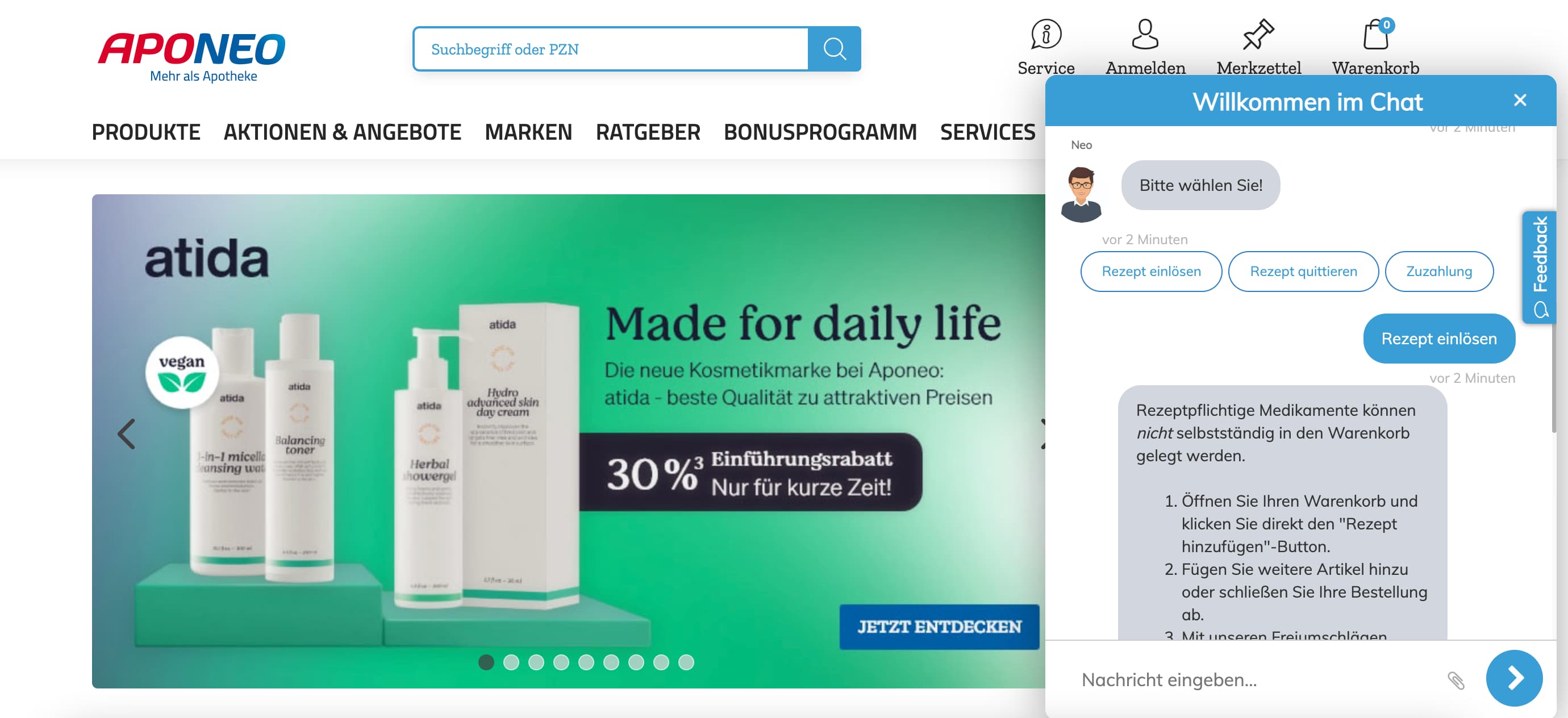 Screenshot der Apo Neo mit dem Userlike Website Chat und dem Chatbot Neo