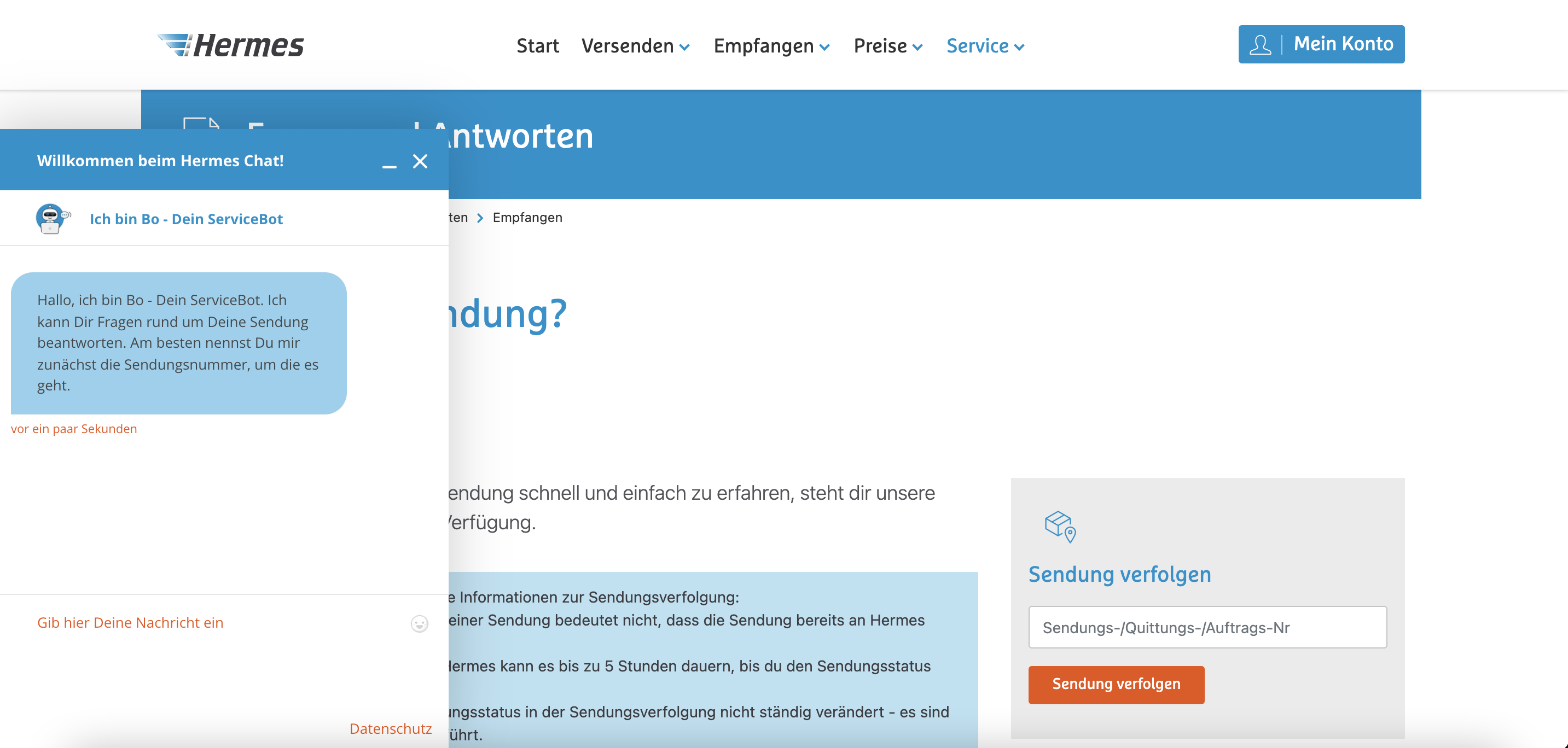 Screenshot of Bo chatbot on Hermes help page