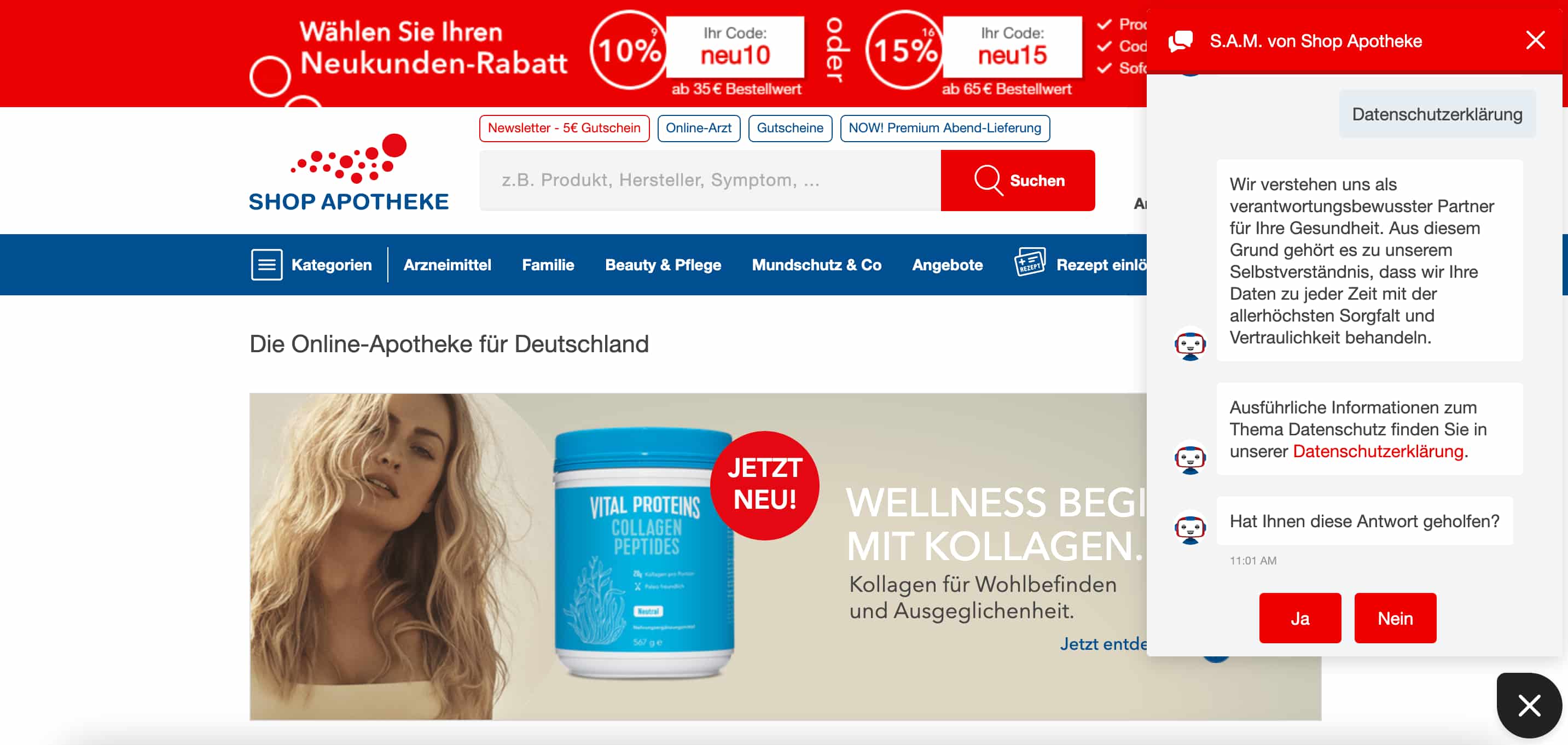 Screenshot of chatbot in Userlike on Shop Apotheke's website