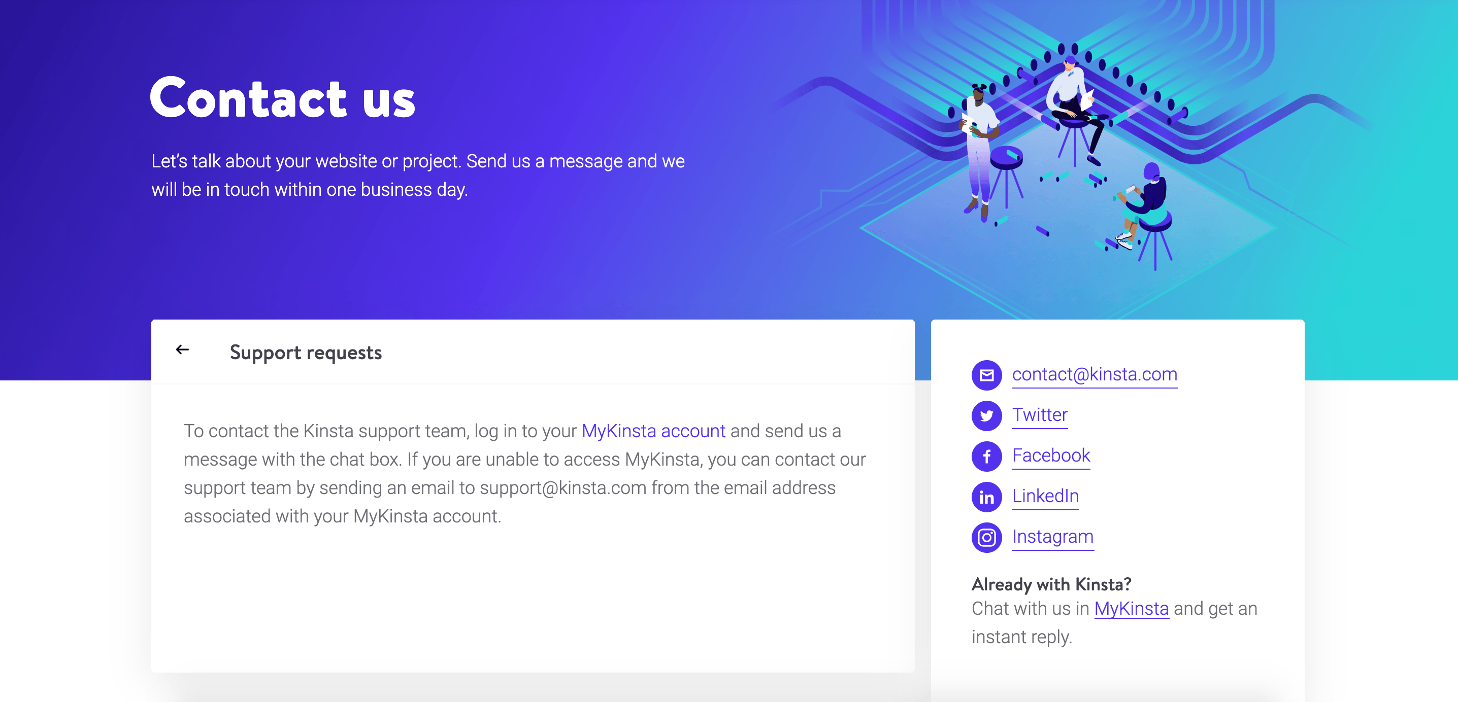 screenshot of Kinsta's contact page
