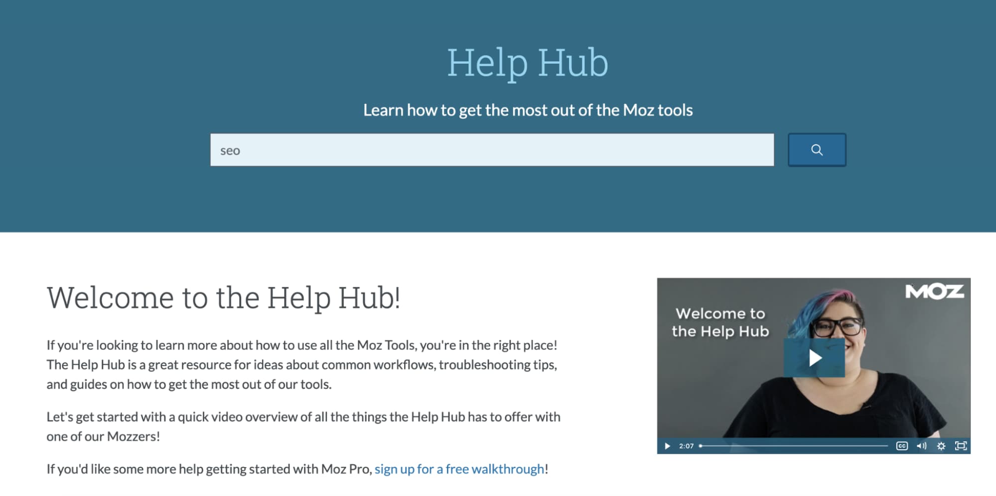 screenshot of Moz's Help Hub page.