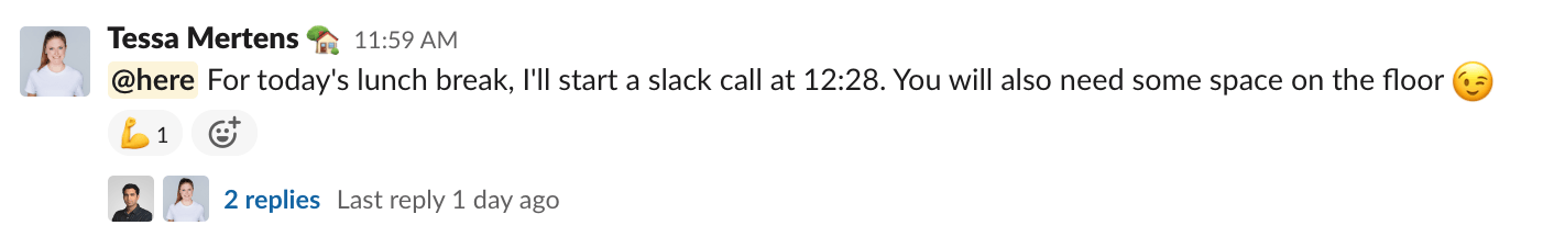 screenshot of slack message announcing active lunch break call