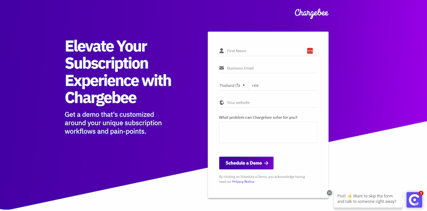 chargebee demo sign up form