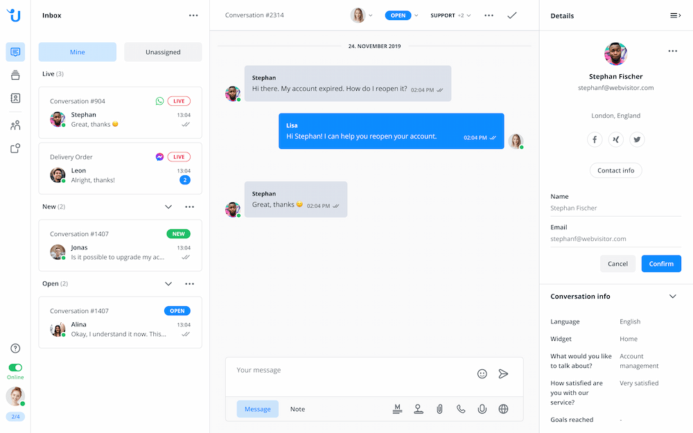 Agent responding to account question in Userlike's message center