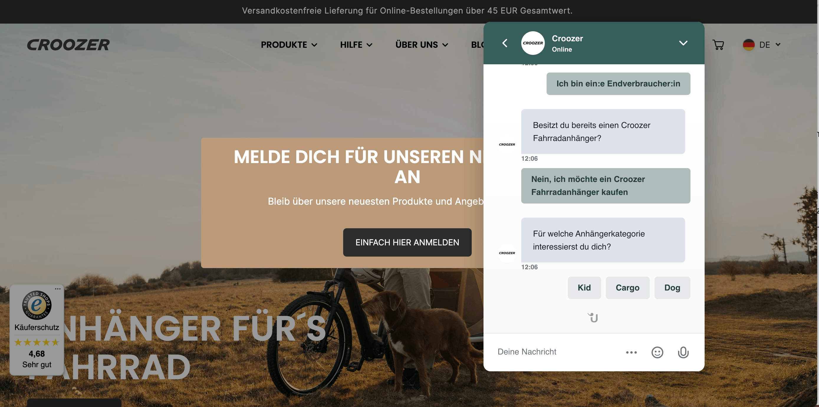 Bild der Croozer Website mit Userlikes KI-Chatbot