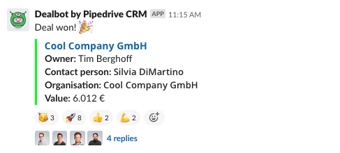 screenshot di un deal vinto su Pipedrive