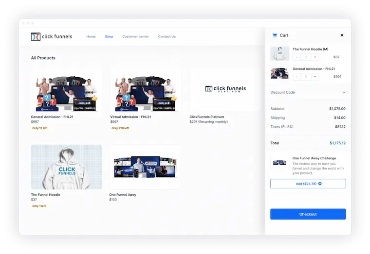 Product promotion shown at checkout with clickfunnels