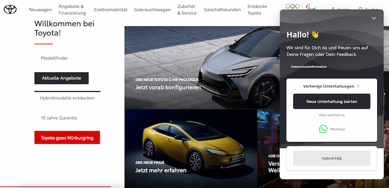 Userlike chat widget with WhatsApp icon on Toyota website