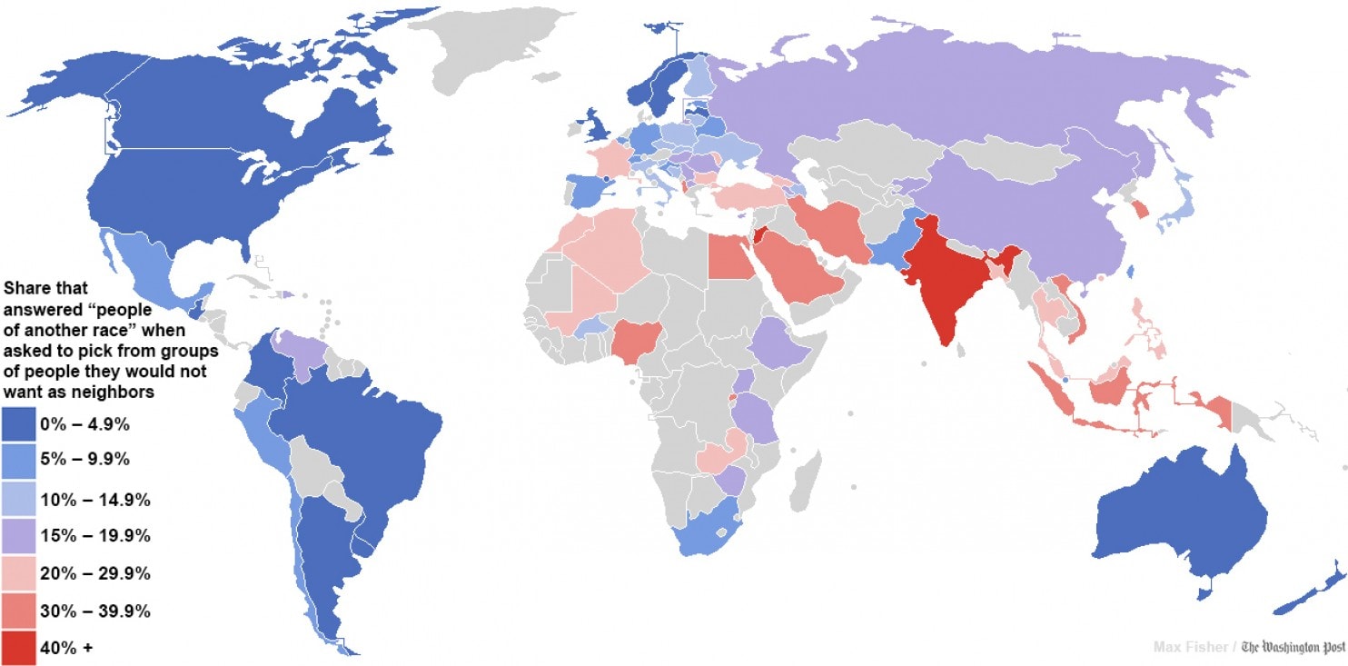 Carte illustrant la gravité du racisme dans le monde entier