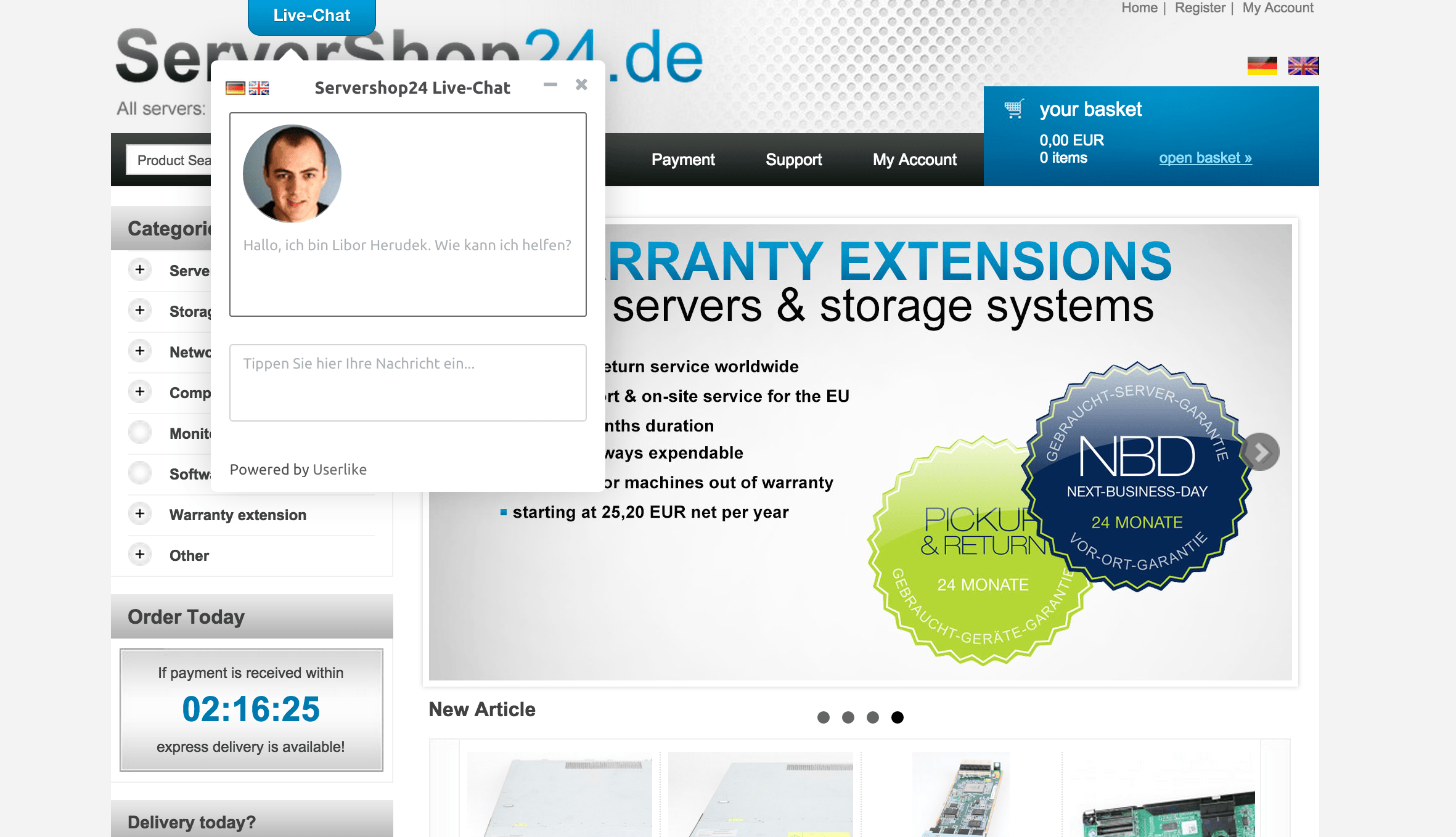 screenshot of servershop24 homepage with userlike live chat widget