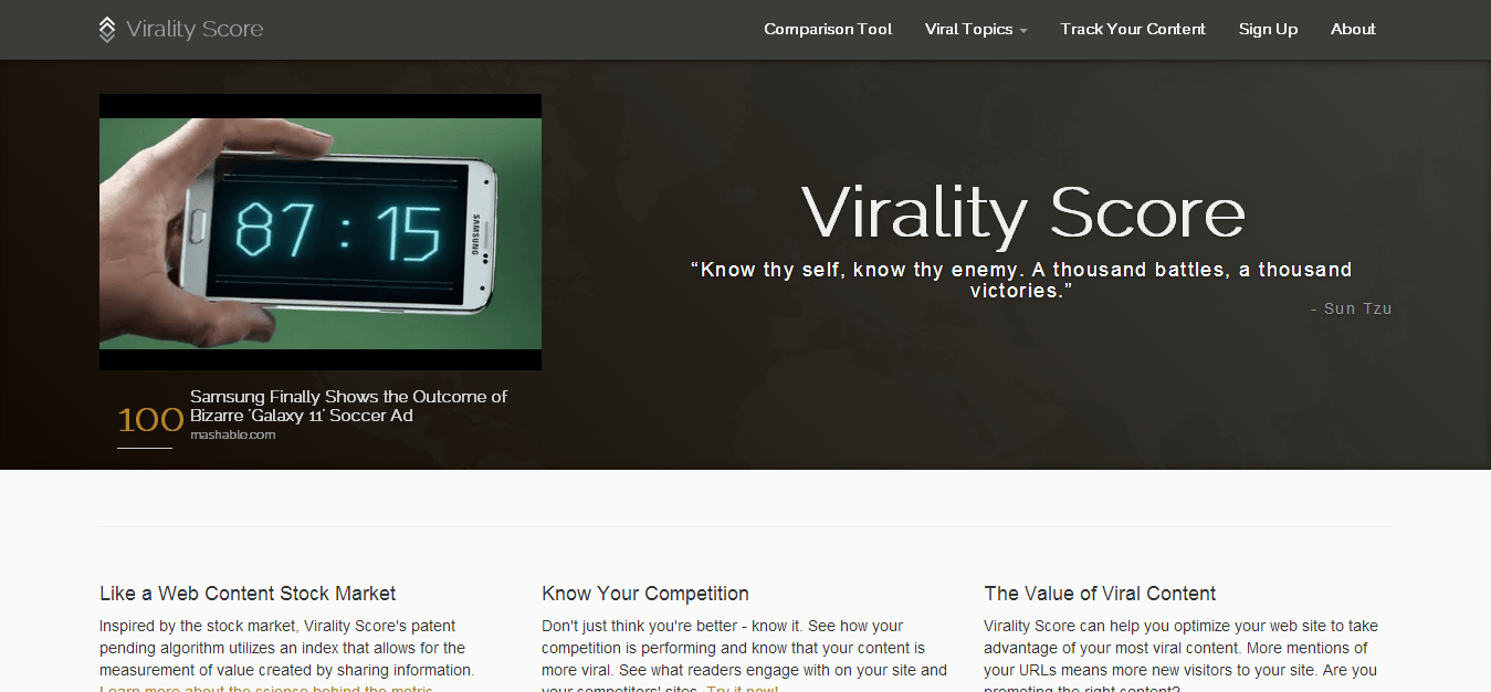 screenshot of website landing page virality score