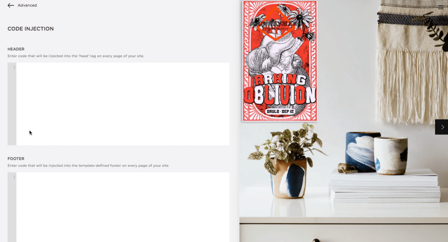 screenshot of the code injection settings in Squarespace