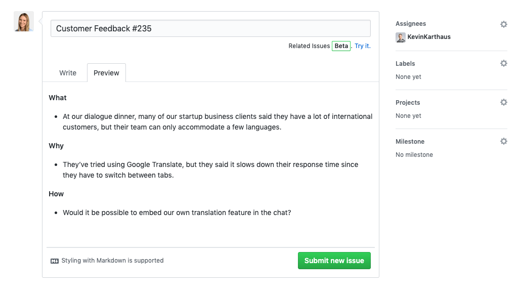 image of an example feature request on github