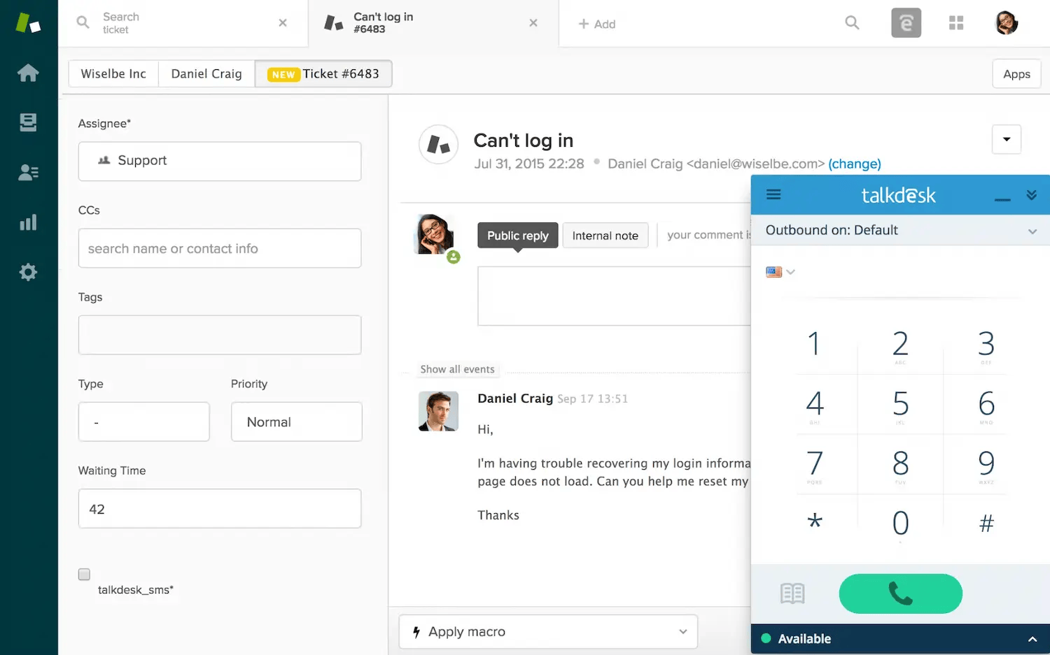Captura de pantalla del software de atención al cliente Talkdesk