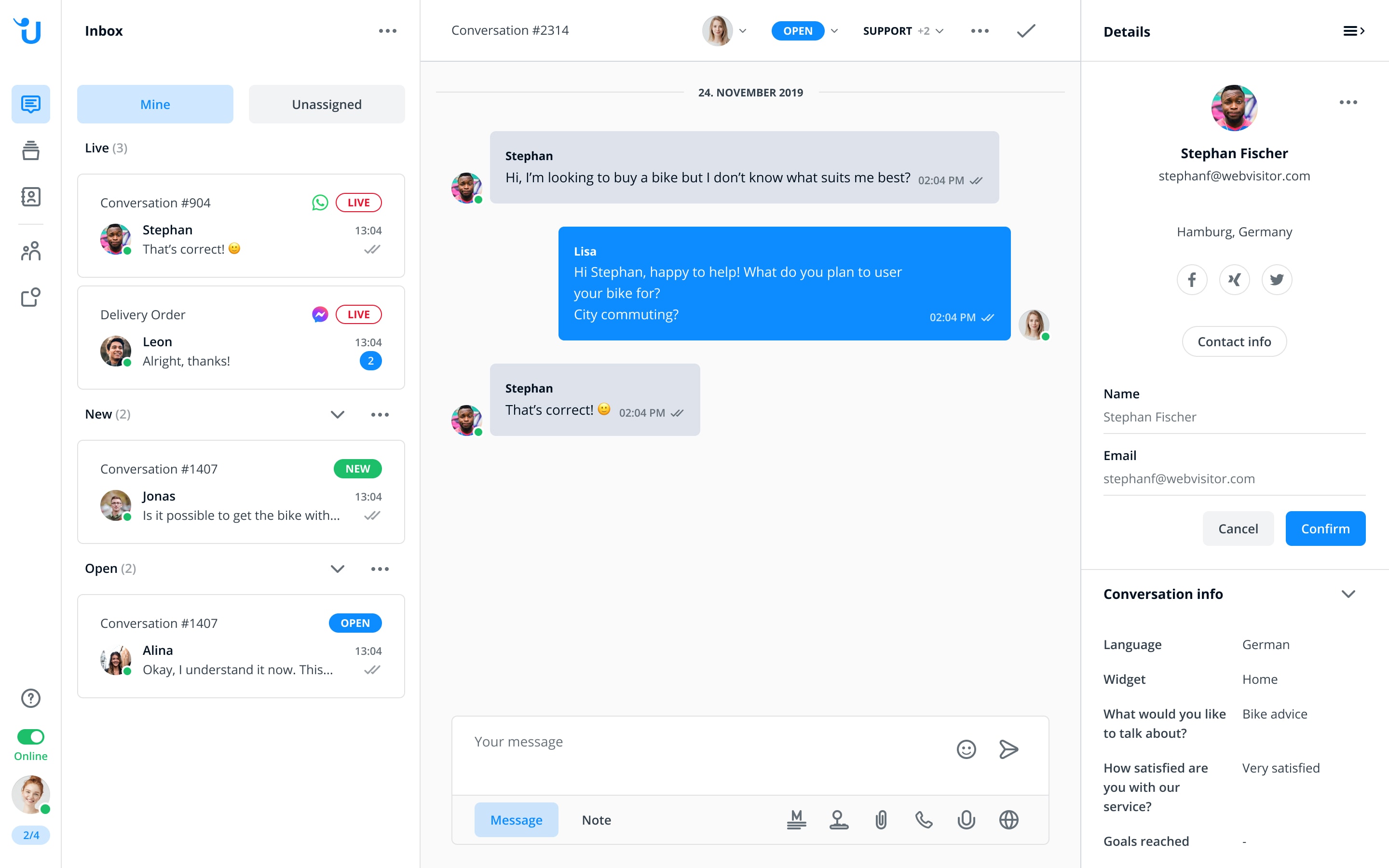 Captura de pantalla del software de atención al cliente Userlike