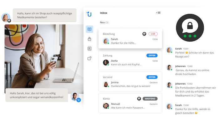 Woman smiling at her phone while sending a message to customer service on Threema.