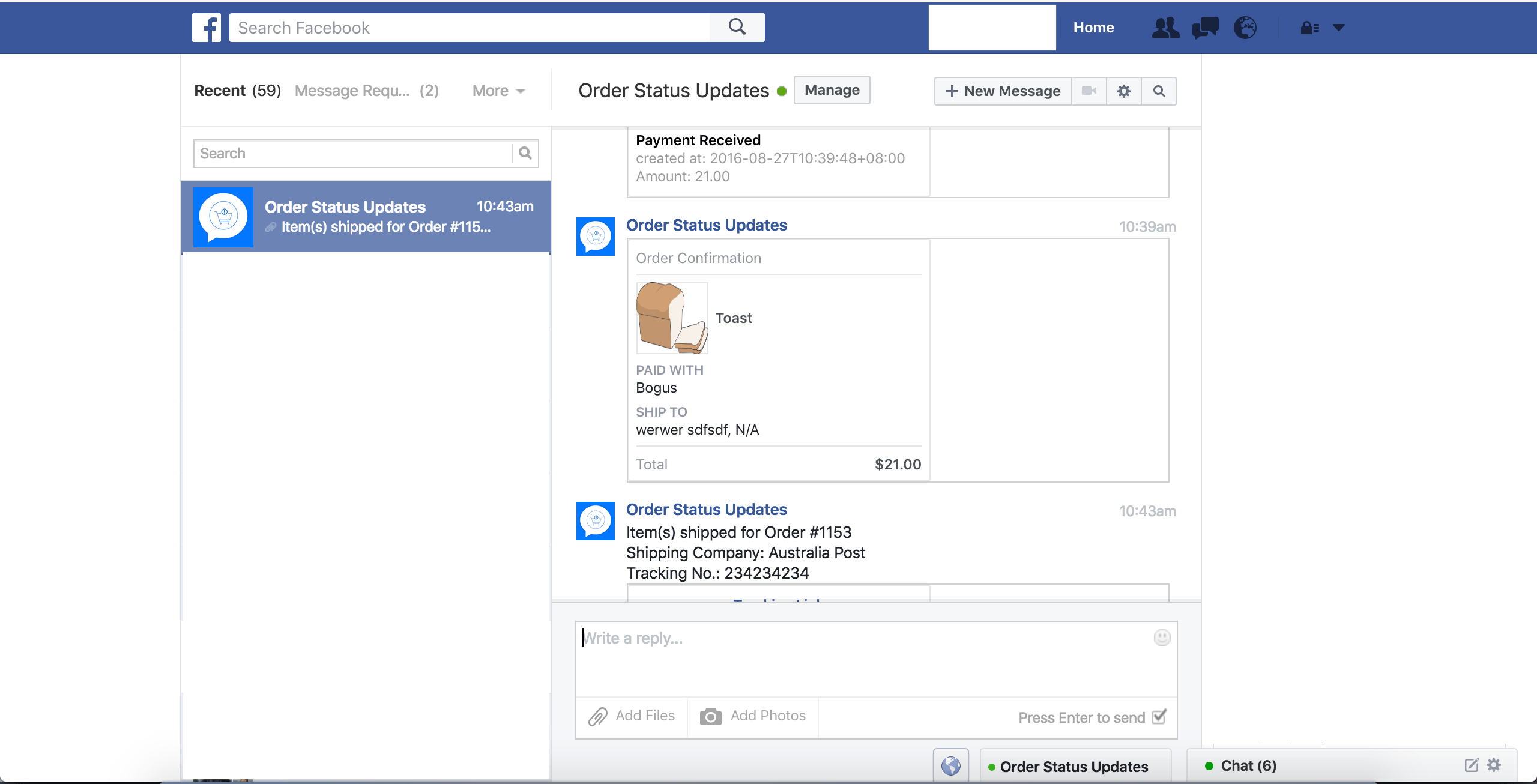 Schermata del gestore dello stato degli ordini di Shopify distribuito in Facebook Messenger.