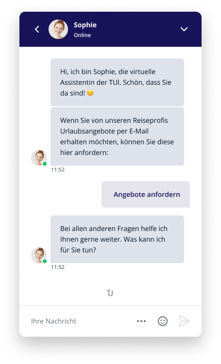 Bild einer Unterhaltung mit Chatbot Sophie von TUI Austria