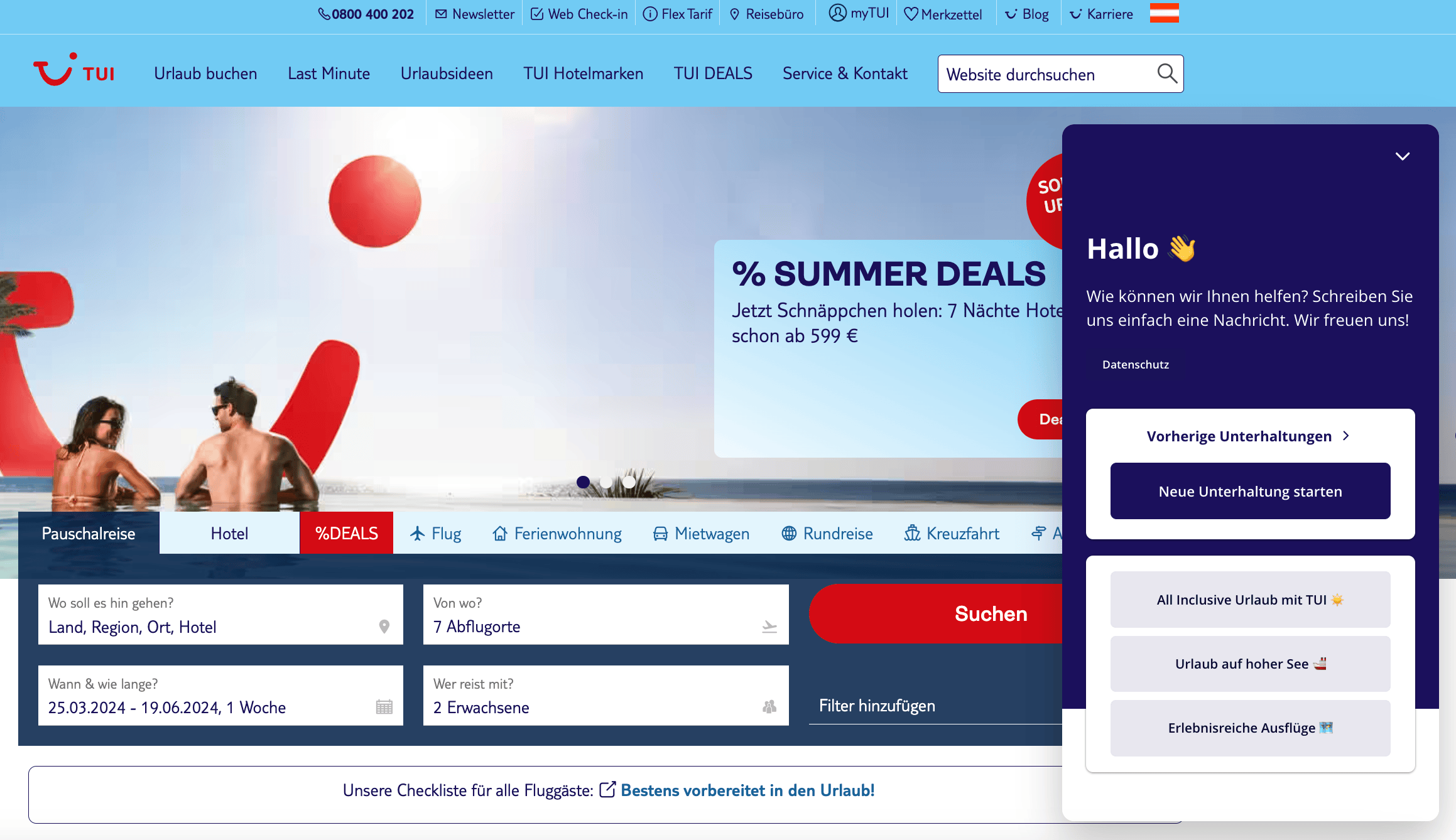 ein Screenshot der TUI-Website mit dem Website-Messenger von Userlike