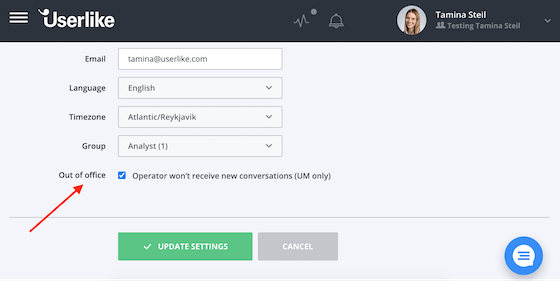 a screenshot of the out of office mode in the Userlike Dashboard