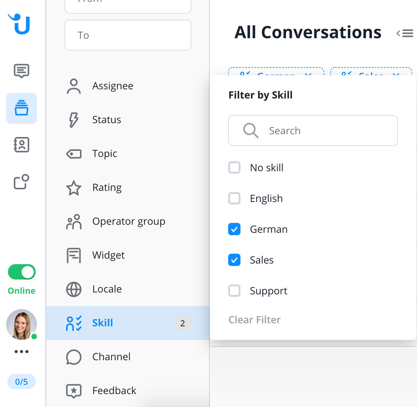 Screenshot of the filter options in All Conversations in the Message Center