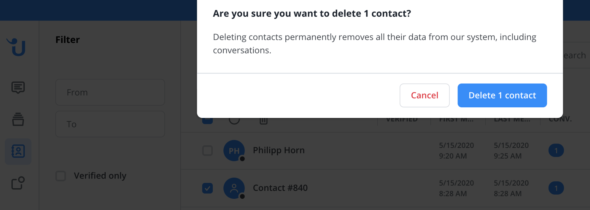 a pop-up asking the user whether they're sure they want to delete the contact