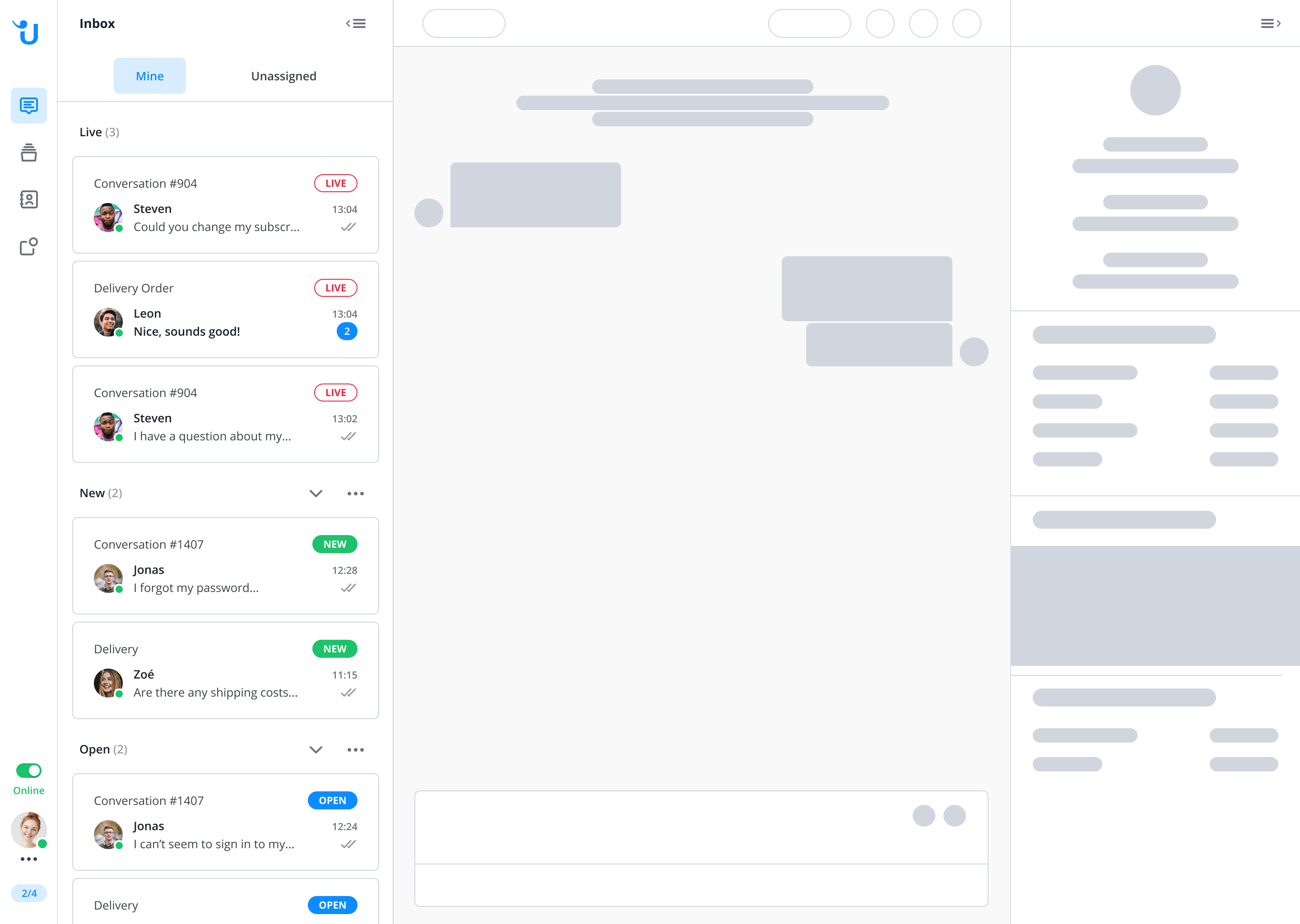 a screenshot of the Userlike Message Center with a list of live, new and open conversations on the left side