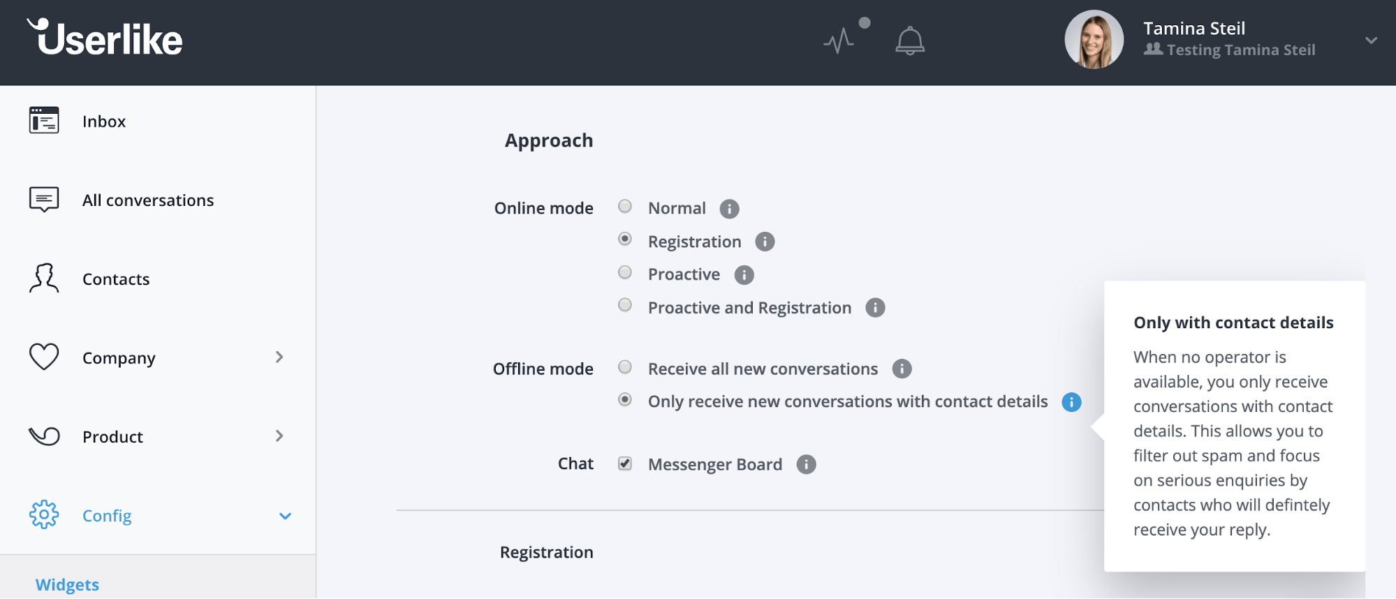a screenshot of the offline behavior setting in the Userlike Dashboard