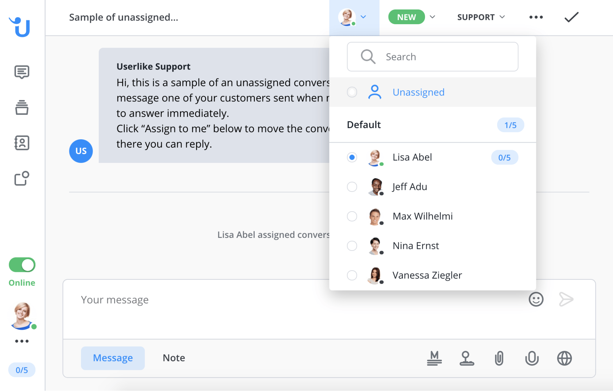 Unassigning a conversation in the Message Center