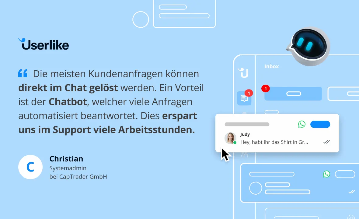Zitat von Userlike-Kunde CapTrader zum Vorteil von Chatbot im Unified Messaging.