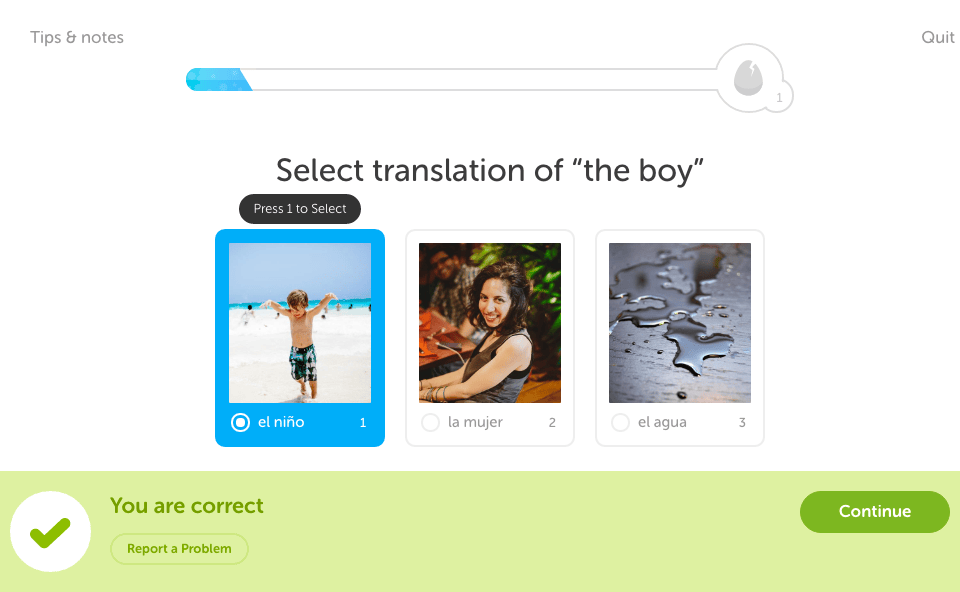 Screenshot of Duolingo's onboarding with early success moment