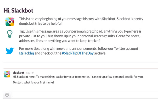Screenshot of Slack's onboarding with Slackbot