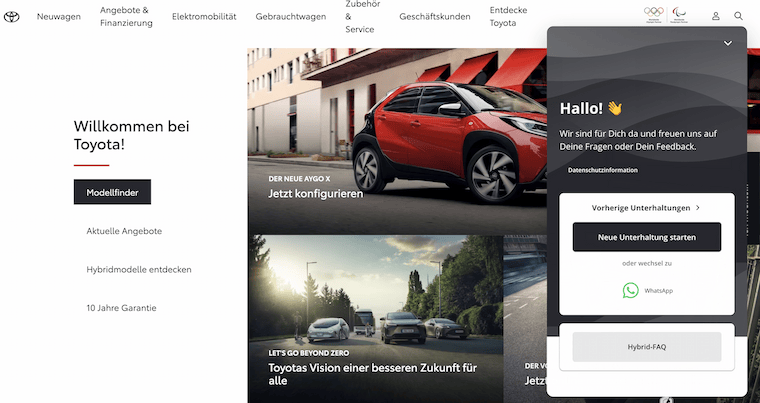 Userlikes Website-Messenger mit WhatsApp-Button auf Toyota-Seite