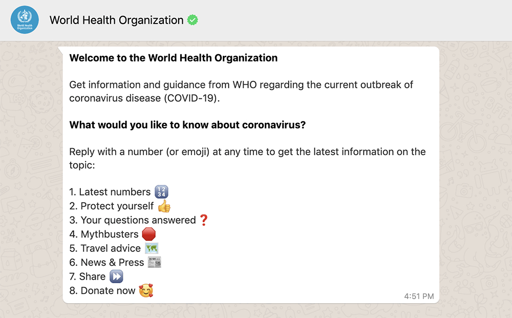 El chatbot WHO Health Alert en WhatsApp.