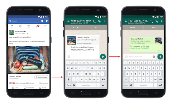 Uno screenshot di ciò che accade quando si clicca sul pulsante dell’inserzione di Facebook per avviare una conversazione su WhatsApp.