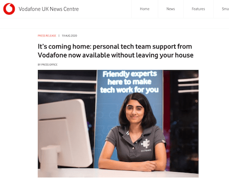 Screenshot of vodafone's website advertizing their video chat channel for technical support