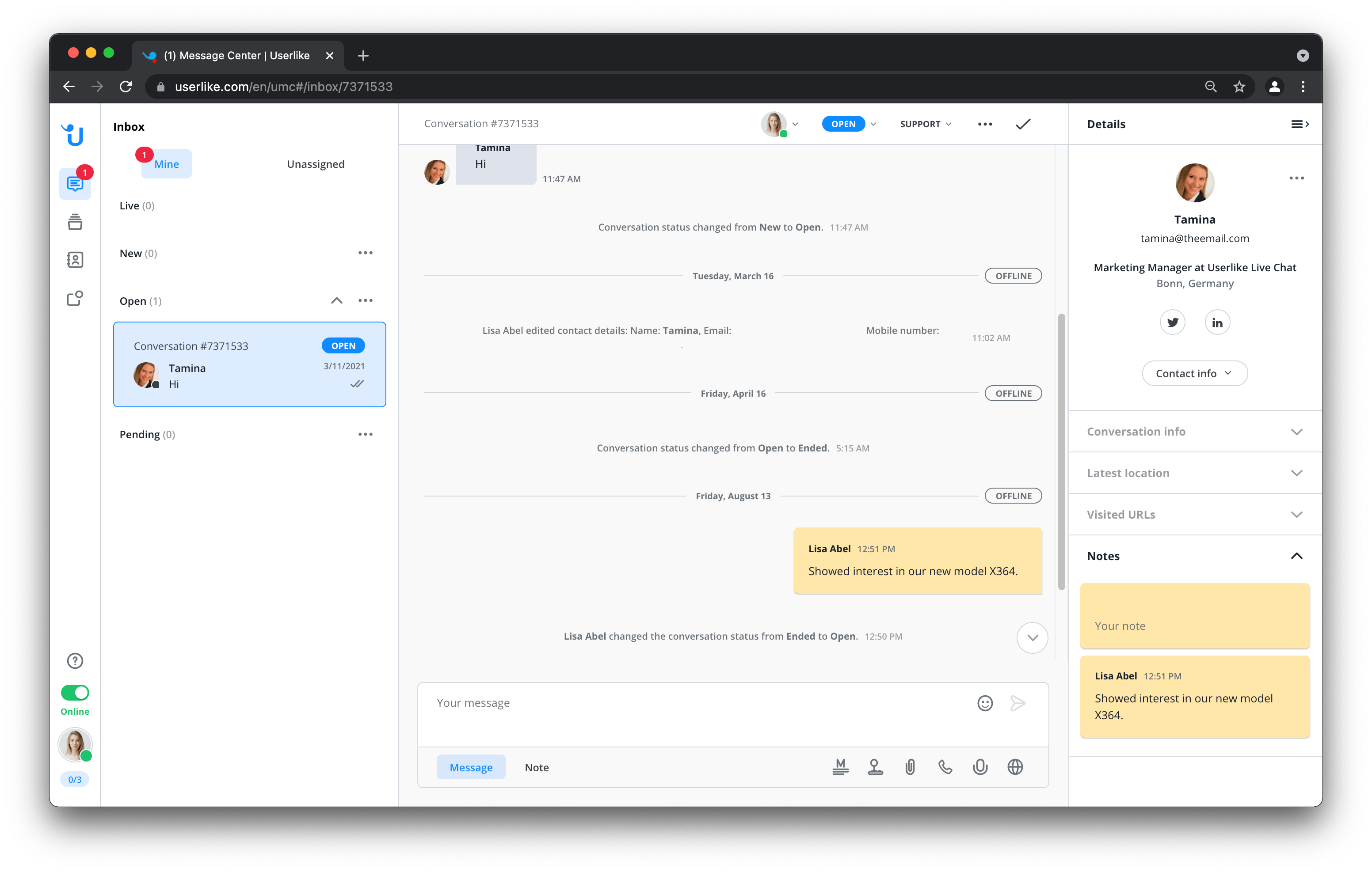 Le centre de messages Userlike montrant la fonction de notes.