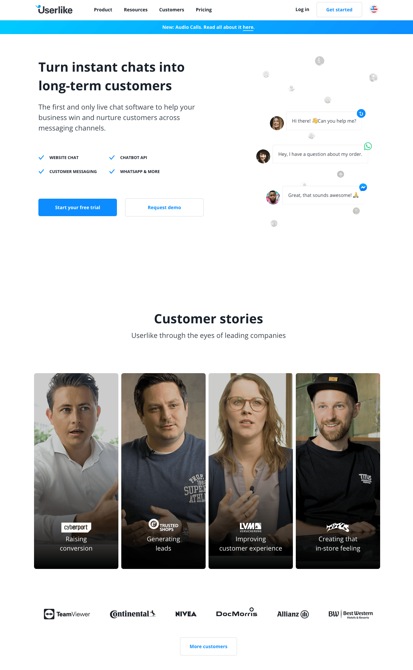 Userlike website homepage after the relaunch in 2019.
