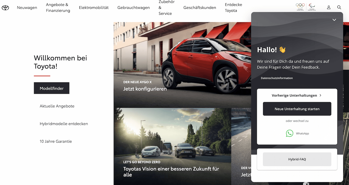 Screenshot von Toyota-Website mit Userlike Messenger Board und WhatsApp-Button