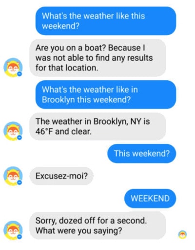 Uno screenshot di un fallimento del chatbot con il bot meteorologico Poncho.