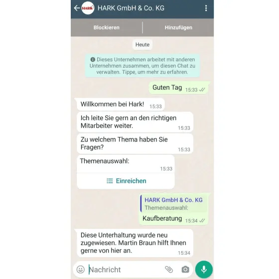 Bild einer Unterhaltung mit Harks Whatsapp-Chatbot