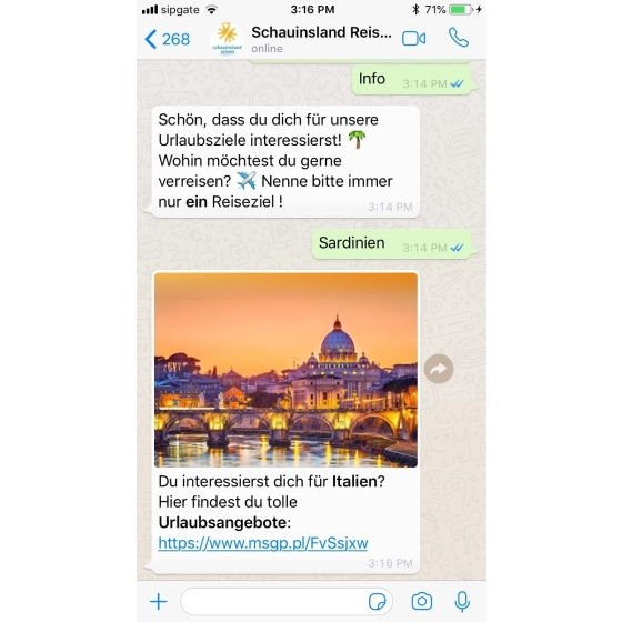 Bild eines WhatsApp-Chats mit dem Chatbot von Schauinsland Reisen